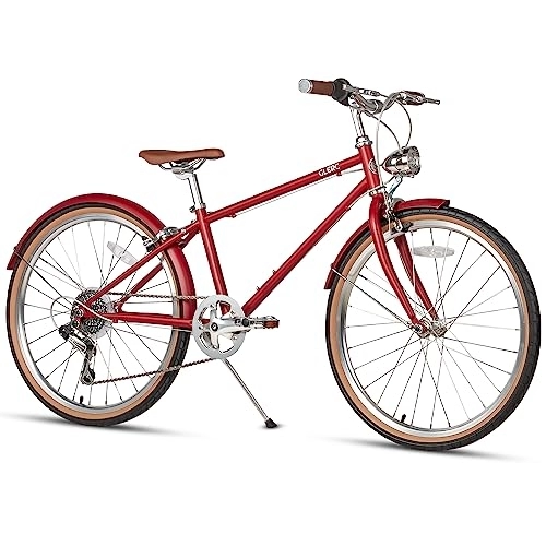 Hybrid Bike : Glerc Meteor 24 Inch Hybrid Bike for Kids Age 8 9 10 11 12 13 14 Year Old, 6-Speed Retro-Styled Traditional Fashion City Bicycle for Teenagers, Young Boys and Girls, Red