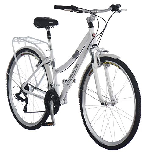 Hybrid Bike : Schwinn Discover Hybrid Bike, Featuring 16-Inch / Small Aluminum Step-Through Frame with 21-Speed Drivetrain, Front and Rear Fenders, Rear Cargo Rack, and Kick-Stand, with 700c / 28-Inch Wheels, White