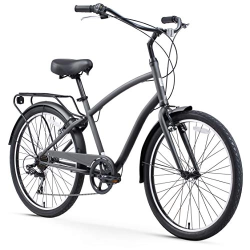 Hybrid Bike : sixthreezero EVRYjourney Steel Men's 7-Speed Sport Hybrid Cruiser Bike, 26" Bicycle, Matte Grey with Black Seat and Black Grips