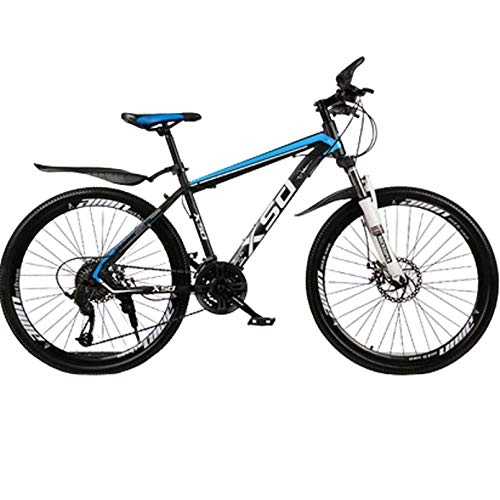 Mountain Bike : 24 / 26 Inch Outroad Mountain Bike, 21 / 24 / 27 Speed Road Bike, Front Suspension Daul Disc Brakes MTB Bicycle Adult Men And Women, Black Blue, 26In 27Speed