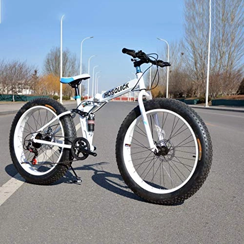 Mountain Bike : 24" Folding Mountain Bike, 7 / 21 / 24 / 27 / 30 Speed Dual Suspension 4.0 Inch Wide Tire Bicycle Can Cycling On Snow, Mountains, Roads, Beaches, Etc, White, 7speed