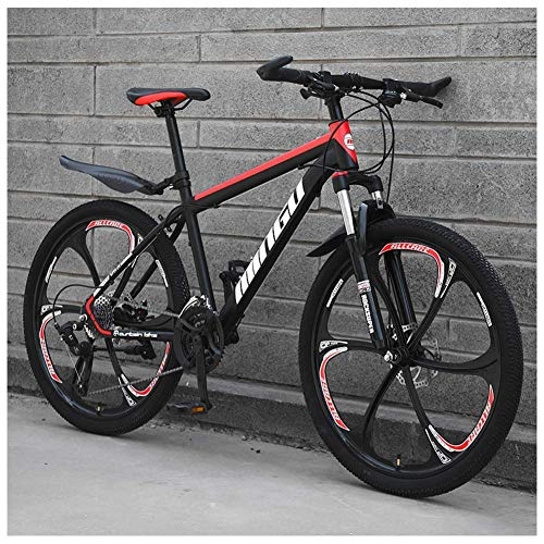 Mountain Bike : 24 Inch Mountain Bikes, Mens Women Carbon Steel Bicycle, 30-Speed Drivetrain All Terrain Mountain Bike with Dual Disc Brake, 21Vitesses, Black Red 6 Spoke