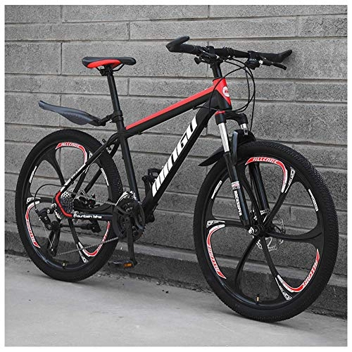 Mountain Bike : 24 Inch Mountain Bikes, Mens Women Carbon Steel Bicycle, 30-Speed Drivetrain All Terrain Mountain Bike with Dual Disc Brake, 27Vitesses, Black Red 6 Spoke