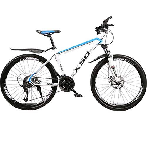 Mountain Bike : 24Inch / 26Inch Mountain Bike, Road Outroad Bicycle, 30-Speed Student Shock Absorption Mountain Bicycle High Carbon Steel Frame Spoke Wheel Suspension Fork, White Blue, 24 Inch