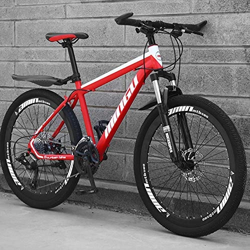 Mountain Bike : 26-Inch 21 24 27-Speed Men's Mountain Bike, High-Carbon Steel Hard-Tail Mountain Bike, Adult Bike MTB ​​Gears Dual Disc Brakes, Red, 26 Inch 27 Speed
