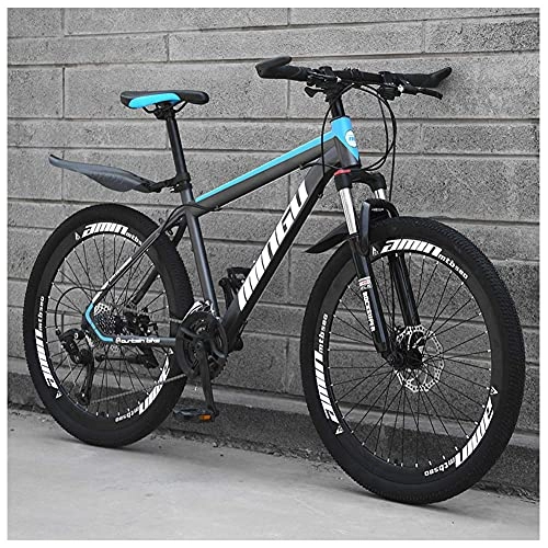 Mountain Bike : 26 Inch Men's Mountain Bikes, High-carbon Steel Hardtail Mountain Bike, Mountain Bicycle with Front Suspension & Adjustable Seat, Dual Disc Brake, 30 speed, Gray Blue Spokes