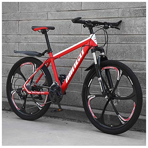 Mountain Bike : 26 Inch Men's Mountain Bikes, High-carbon Steel Hardtail Mountain Bike, Mountain Bicycle with Front Suspension & Adjustable Seat, Dual Disc Brake, 30 speed, Red 6 Spokes