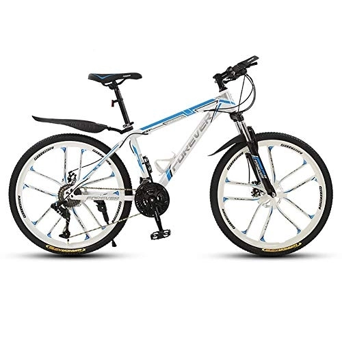 Mountain Bike : 26-Inch Mountain Trail Bike, Adult Mountain Bike, High Carbon Steel Bicycles, 10 Spoke Wheels, 24 Speeds Drivetrain, for Men And Women fengong (Color : White blue)