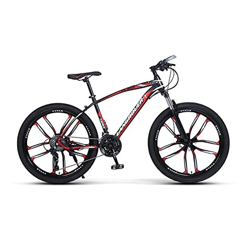 Mountain Bike : 26inch Mountain Bike, 21 / 24 / 27 Speed Bicycle with Full Suspension, Adult Road Offroad City Bike, Full Suspension MTB Cycling Road Racing with Anti-Slip Double Disc Brake for Men Women, Red_21 Speed
