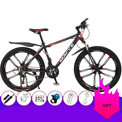Mountain Bike : 26inch Mountain Bike, Carbon Steel Frame Bicycles, Double Disc Brake and Front Suspension, 17inch Frame (Color : Black+Red, Size : 27 Speed)