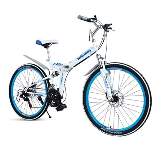 Mountain Bike : 26inch Mountain Bike, Foldable Hardtail Bicycles, Steel Frame, Dual Disc Brake and Double Suspension (Color : White+Blue, Size : 21 Speed)