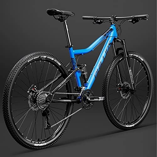 Mountain Bike : 29 Inch Bicycle Frame Full Suspension Mountain Bike, Double Shock Absorption Bicycle Mechanical Disc Brakes Frame (Blue 27 Speeds)