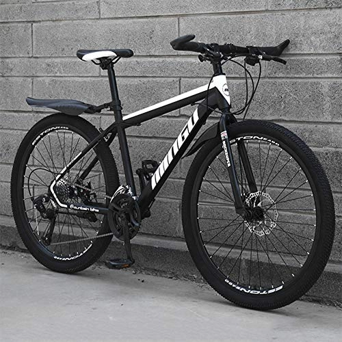Mountain Bike : Adult Carbon Steel Mountain Bike, 26 Inch Wheels, 21-24-27 Speed Variable Speed Gears Dual Disc Brakes Shock Absorption Mountain Bicycle, Black and white, 21 speed