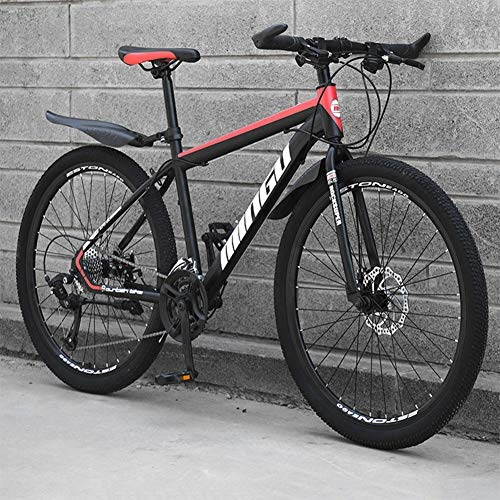 Mountain Bike : Adult Carbon Steel Mountain Bike, 26 Inch Wheels, 21-24-27 Speed Variable Speed Gears Dual Disc Brakes Shock Absorption Mountain Bicycle, black red, 24 speed