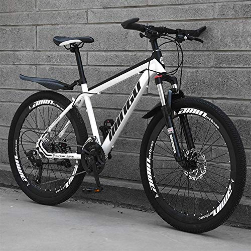 Mountain Bike : Adult Carbon Steel Mountain Bike, 26 Inch Wheels, 21-24-27 Speed Variable Speed Gears Dual Disc Brakes Shock Absorption Mountain Bicycle, white and black, 21 speed