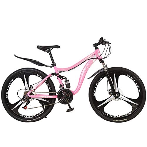 Mountain Bike : Adult Mountain Bikes 26 Inch Mountain Trail Bike, Full Suspension Frame Bicycles, 27 Speed ​​Gears Dual Disc Brakes Mountain Bicycle, Pink