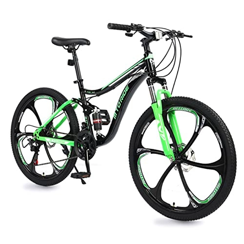 Mountain Bike : Adults Mountain Bike Full Suspension High-Carbon Steel Bike，Mechanical Dual Disc-Brakes Shock-absorbing Shifting MTB Bicycle，21 Speeds，6-Spokes 26 Inch Wheels，Multip green