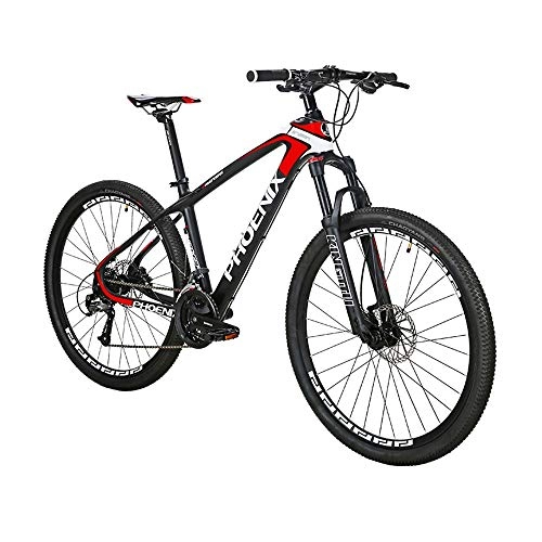 Mountain Bike : AEDWQ 27-speed Off-road Mountain Bike, Carbon Fiber Frame, Dual Oil Disc Brake Bicycle, 27.5-inch Spoke MTB Tires, Black-red