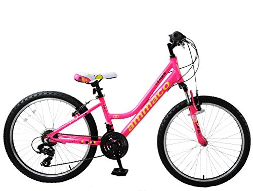 Mountain Bike : Ammaco. Lush 24" Wheel Girls Kids MTB Mountain Bike Hardtail Front Suspension Hot Pink Yellow 13" Frame Lightweight Alloy 21 Speed Age 8+
