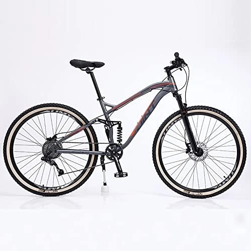 Mountain Bike : Bananaww Adult Mountain Bike, 27.5 inch Wheels, Mountain Trail Bike High Carbon Steel Bicycles, 9 / 10 / 11 / 12-Speed Bicycle Full Suspension MTB ​​Gears Dual Disc Brakes Mountain Bicycle, Grey Red