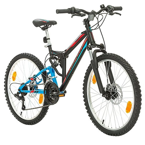 Mountain Bike : Bikesport PARALLAX Dual Suspension Mountain bike 24 Inch wheels Disc brakes Shimano 18 sp. (Black Blue)