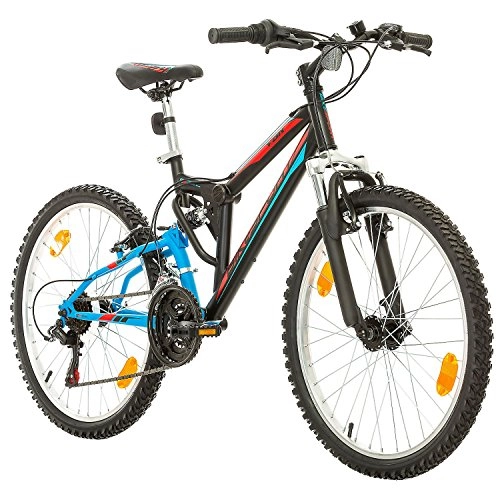 Mountain Bike : Bikesport PARALLAX Dual Suspension Mountain bike 24 Inch wheels, Shimano 18 sp. (Black Blue)