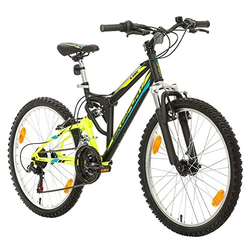 Mountain Bike : Bikesport PARALLAX Dual Suspension Mountain bike 24 Inch wheels, Shimano 18 sp. (Black Neon Green)