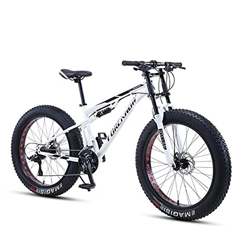 Mountain Bike : DANYCU 26 Inch Mountain Bike for Mens, 4.0 Inch Fat Tire Anti-Slip Bike, Off-Road Variable Speed Bicycle, High-Carbon Steel Soft Tail Frame, Dual Disc Brake, White, 7 speed