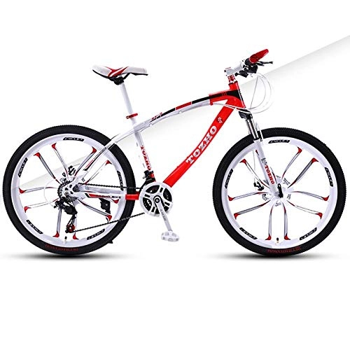 Mountain Bike : DGAGD 26 inch mountain bike adult variable speed damping bicycle double disc brake ten-wheel bicycle-White Red_21 speed