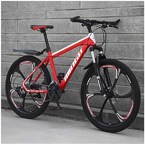 Mountain Bike : Ding 24 Inch Mountain Bikes, Mens Women Carbon Steel Bicycle, 30-Speed Drivetrain All Terrain Mountain Bike with Dual Disc Brake (Color : 24 Speed, Size : Red 6 Spoke)