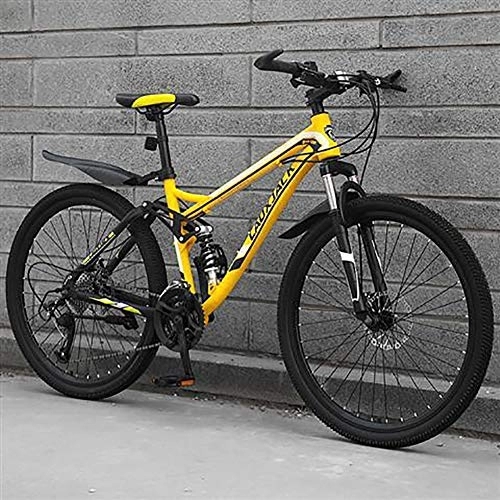 Mountain Bike : DULPLAY Mountain Bike Bicycle, High Carbon Steel Men Women Off-road Mountain Bikes, Dual Disc Brake Full Suspension Mountain Bicycle Yellow 24", 24-speed
