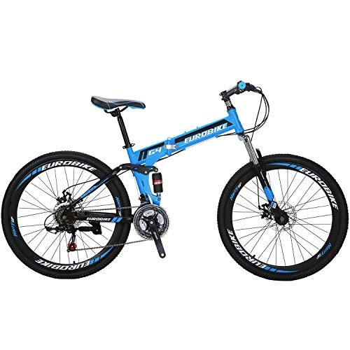 Mountain Bike : Eurobike 26" Full Suspension Mountain Bike 21 Speed Folding Bicycle Men or Women MTB (Blue)