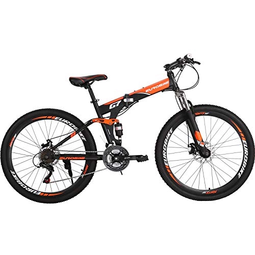 Mountain Bike : Eurobike Folding Bike 21 Speed Full Suspension Bicycle 27.5 inch MTB (Orange)