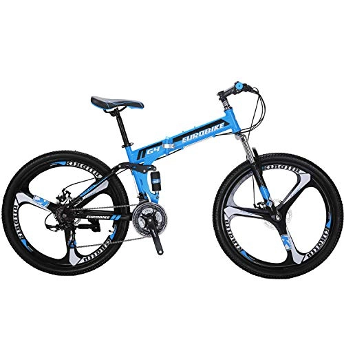 Mountain Bike : Eurobike Folding Mountain Bike 21 Speed Full Suspension 26" Bicycle Disc Brake MTB (Blue)