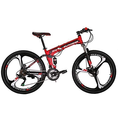 Mountain Bike : Eurobike Folding Mountain Bike 21 Speed Full Suspension 26" Bicycle Disc Brake MTB (Red)