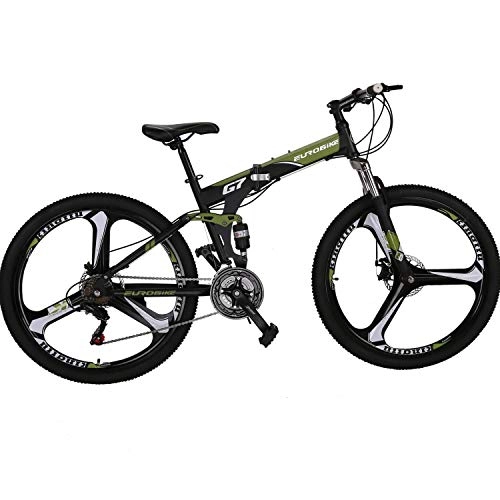 Mountain Bike : Eurobike Folding Mountain Bike 21 Speed Full Suspension mtb Daul Disc Brake Bicycle 27.5" mens (Armygreen)