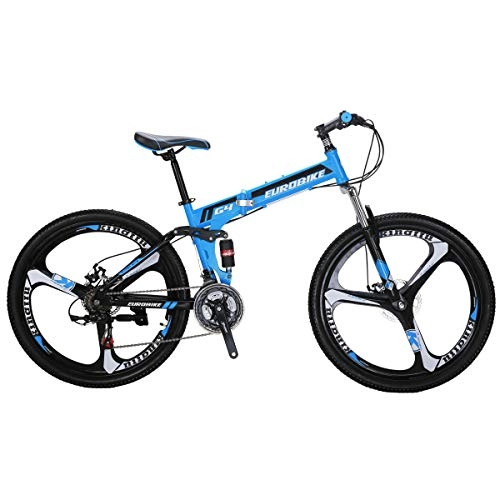 Mountain Bike : Eurobike G4 Mountain Bike 21 Speed Steel Frame 26 Inches Wheels Dual Suspension Folding Bike Blue