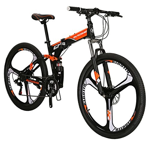 Mountain Bike : Eurobike G7 Mountain Bike 21 Speed Steel Frame 27.5 Inches 3-Spoke Wheels Dual Suspension Folding Bike Blackorange