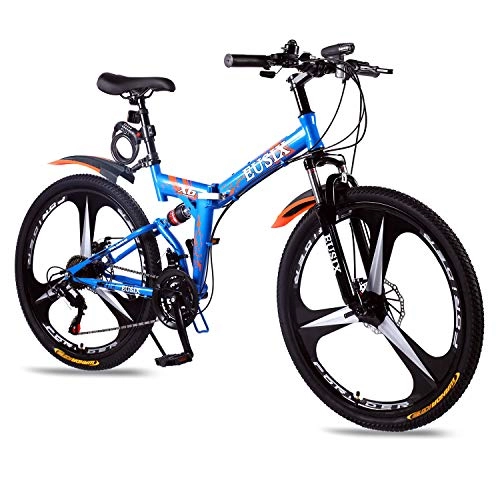 Mountain Bike : EUSIX X6 Mountain Bike, Portable 21 Speed Mountain Bicycle, 26 Inches Titanium Alloys Wheels, High-carbon Steel Frame with Dual Disc Brake Folding Bikes for Men and Women (Blue)