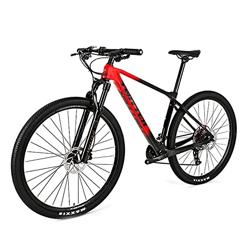 Mountain Bike : EWYI 27.5 / 29 Inch Mountain Bike, Carbon Fiber MTB, Shock Absorption Outdoor Riding Variable Speed Cross-country Student Bicycle, Aluminum Alloy Mountain Non-slip Pedals Black Red-27.5