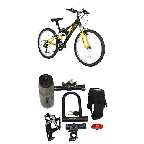 Mountain Bike : Flite Boy Taser Mountain Bike, Black / Yellow, One Size with Cycling Essentials Pack