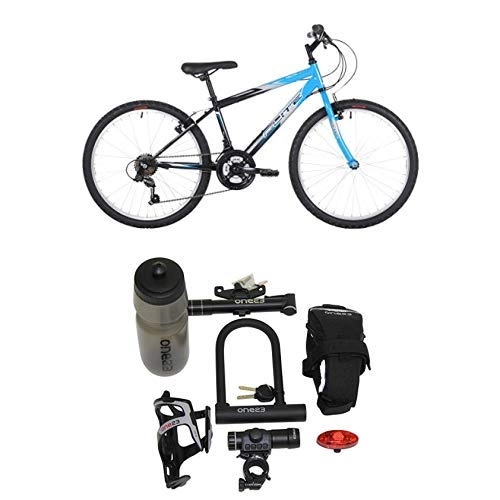 Mountain Bike : Flite Delta Boys' Mountain Bike Blue, 14" inch steel frame, 18-speed sram mxr rotational shifters 24" alloy silver rims with Cycling Essentials Pack