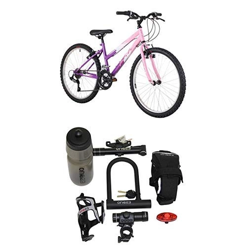 Mountain Bike : Flite Delta Girls' Mountain Bike Pink, 14" inch steel frame, 18 speed front and rear v-style break sram mxr rotational shifters with Cycling Essentials Pack