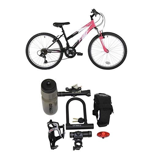 Mountain Bike : Flite FL075T Girl Ravine Bike, 24 inch Wheel - Multicolour (Black / Pink) with Cycling Essentials Pack