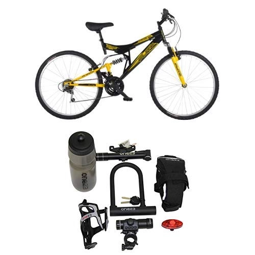 Mountain Bike : Flite Taser II Mens' Mountain Bike Black / Yellow, 18" inch steel frame, 18 speed fully adjustable rear shock unit front suspension forks with Cycling Essentials Pack