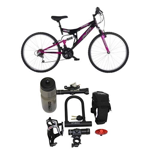 Mountain Bike : Flite Taser II Womens' Mountain Bike Black / Cerise, 18" inch steel frame, 18 speed fully adjustable rear shock unit 26 inch silver alloy rims with Cycling Essentials Pack