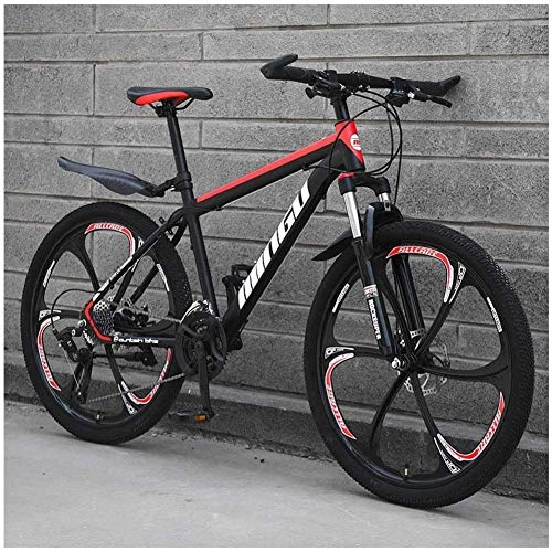 Mountain Bike : Giow 24 Inch Mountain Bikes, Mens Women Carbon Steel Bicycle, 30-Speed Drivetrain All Terrain Mountain Bike with Dual Disc Brake, 21Vitesses, Black Red 6 Spoke