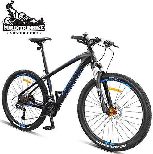 Mountain Bike : GQQ Men's Mountain Bike 27.5 inch Wide Tires, Variable Speed Bicycle Hardtail MTB with Front Suspension, Disc Brakes Two Bicycles, Frames Made of Carbon Fiber, Black Gold, 30 Speed, Black Blue