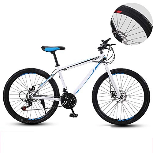 Mountain Bike : GUOHAPPY 26-Inch Mountain Bike, Carbon Steel Mountain Bike Full Suspension Bike, Dual Disc Brakes, Bearing 330Lbs, Suitable for Height 170-185Cm, white blue, 21