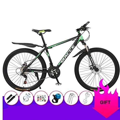 Mountain Bike : GXQZCL-1 Mountain Bike, Steel Frame Mountain Bicycles, Double Disc Brake and Front Suspension, 26inch Spoke Wheel MTB Bike (Color : Black+Green, Size : 21 Speed)